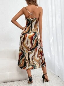 SHEIN Privé Dây rút in đá cẩm thạch xẻ đùi Voan Cami Dress - Nhiều màu - Xem 5