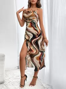 SHEIN Privé Dây rút in đá cẩm thạch xẻ đùi Voan Cami Dress - Nhiều màu - Xem 3