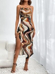 SHEIN Privé Dây rút in đá cẩm thạch xẻ đùi Voan Cami Dress - Nhiều màu - Xem 7