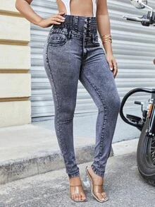 Jeans ajustados de talle alto con botón - Gris - Ver 3