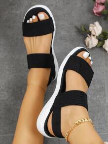 Women's Open Toe Elastic Band Slip On Fashion Roman Sports Sandals - Black - View 2