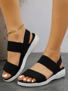 Women's Open Toe Elastic Band Slip On Fashion Roman Sports Sandals - Black - View 3