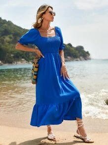 SHEIN VCAY Vestido de cuello cuadrado de manga farol bajo con fruncido - Azul - Ver 4