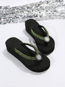 Women Rhinestone Decor Flip-Flops, Glass Glamorous Flip-Flops - Green - View 2