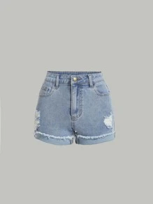 SHEIN Teen Girls Ripped Raw Trim Denim Shorts - Light Wash - View 1