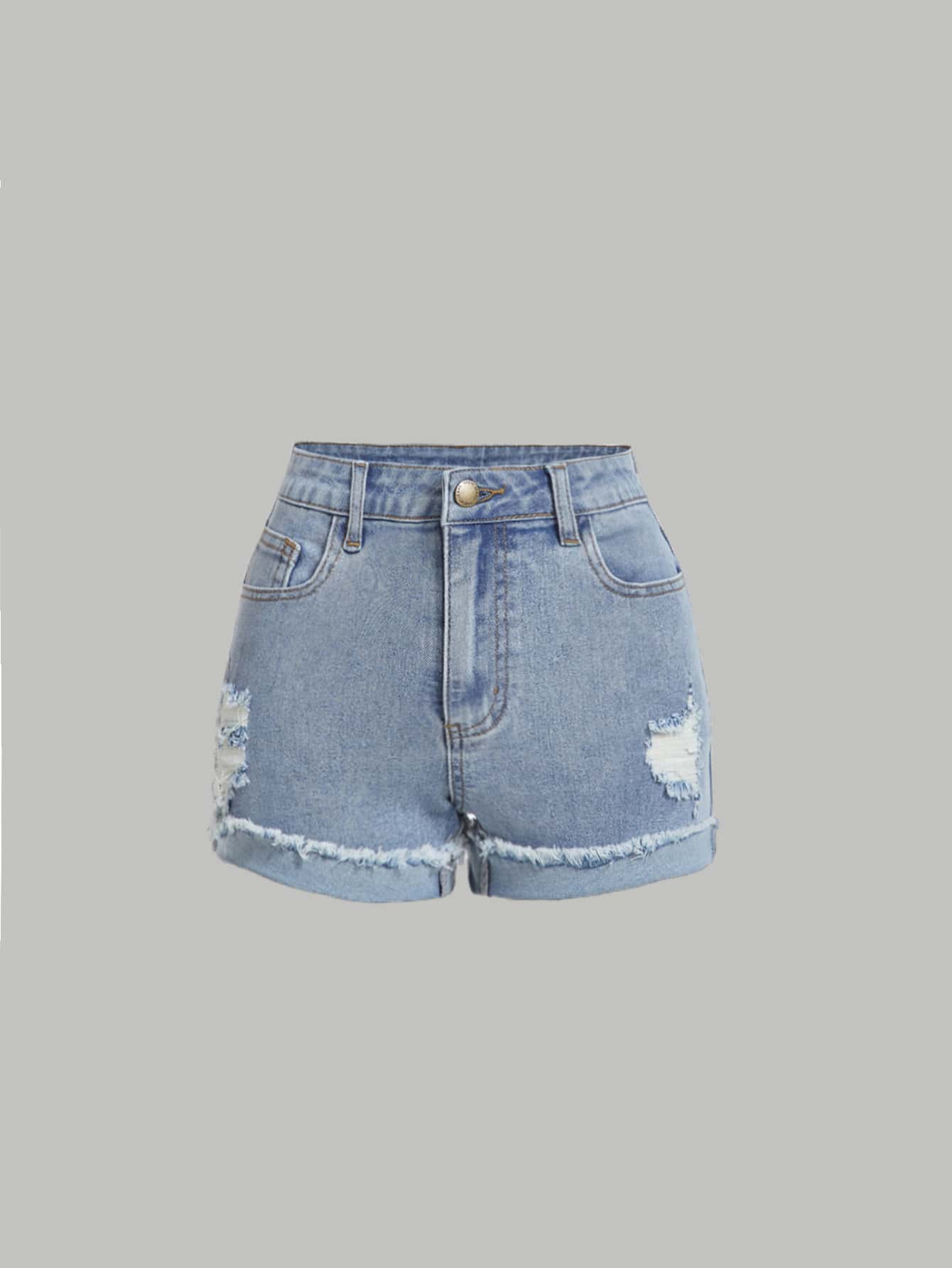 SHEIN Teen Girls Ripped Raw Trim Denim Shorts - Light Wash - View 1