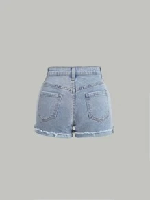 SHEIN Teen Girls Ripped Raw Trim Denim Shorts - Light Wash - View 2
