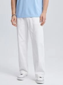 GENTILAND Men Cotton Solid Slant Pocket Straight Leg Trousers - White - View 8