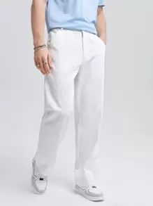 GENTILAND Men Cotton Solid Slant Pocket Straight Leg Trousers - White - View 6