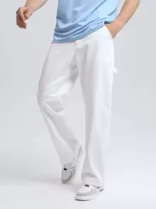 GENTILAND Men Cotton Solid Slant Pocket Straight Leg Trousers - White - View 7