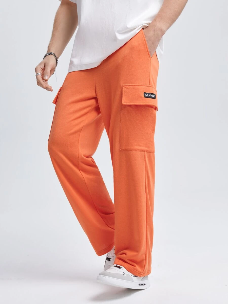 Manfinity 男士標語補丁貼側翻蓋口袋工裝衛褲 - 珊瑚橙 - 查看 1