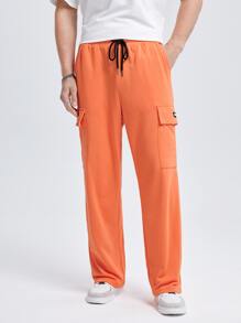 Manfinity 男士標語補丁貼側翻蓋口袋工裝衛褲 - 珊瑚橙 - 查看 4