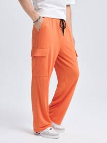 Manfinity 男士標語補丁貼側翻蓋口袋工裝衛褲 - 珊瑚橙 - 查看 5