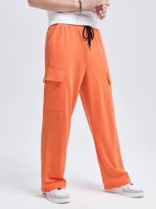 Manfinity 男士標語補丁貼側翻蓋口袋工裝衛褲 - 珊瑚橙 - 查看 6