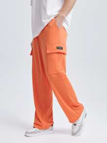 Manfinity 男士標語補丁貼側翻蓋口袋工裝衛褲 - 珊瑚橙 - 查看 7