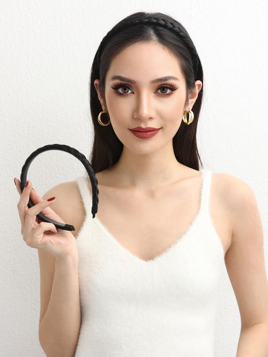 Headband Design Short Braided Synthetic Hair Extension - Black - View 1