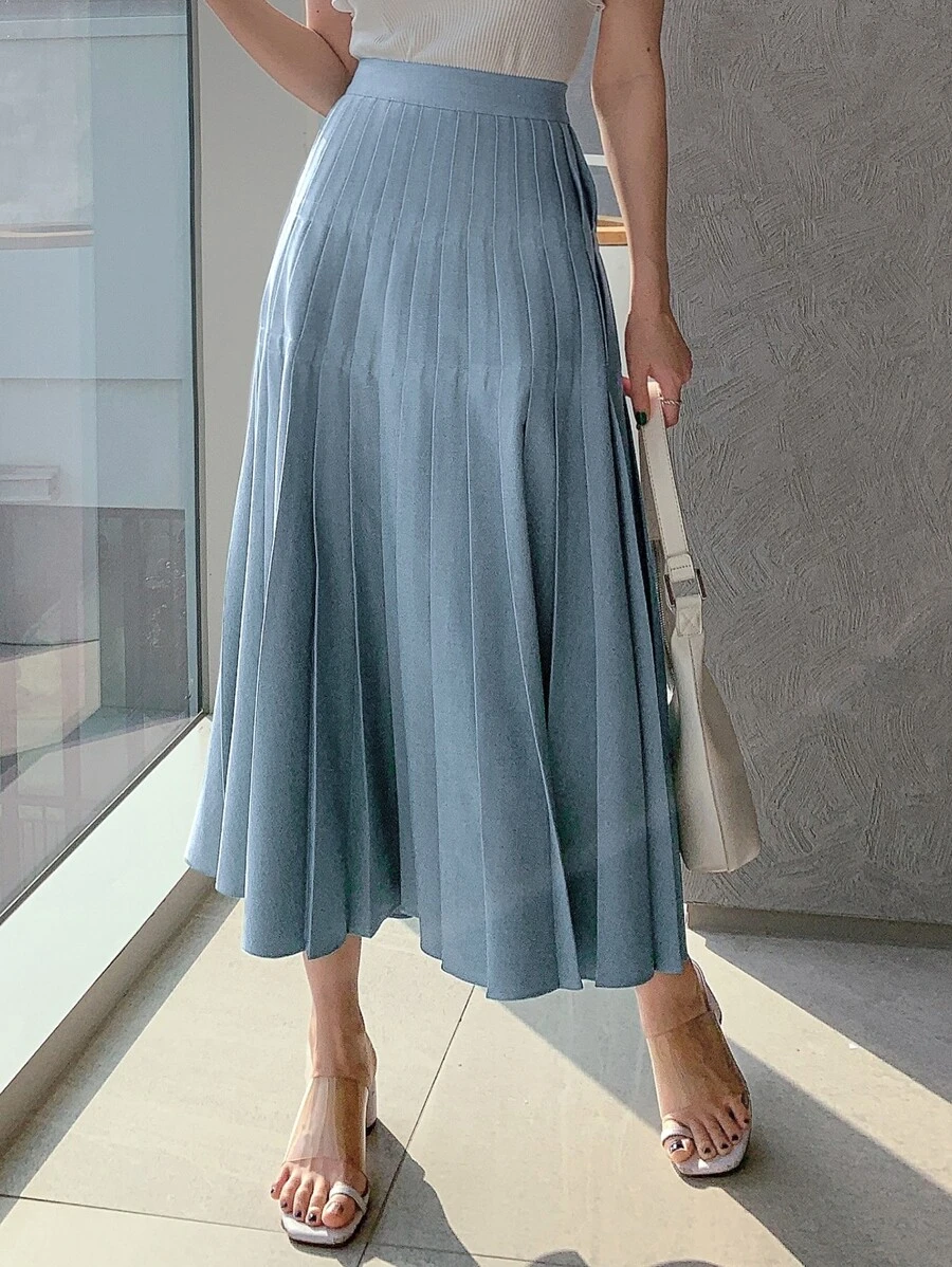 DAZY 高腰百褶下擺半身裙 - 藍色 - 查看 1