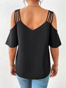 SHEIN Privé 挖肩鏤空襯衫 - 黑色 - 查看 2