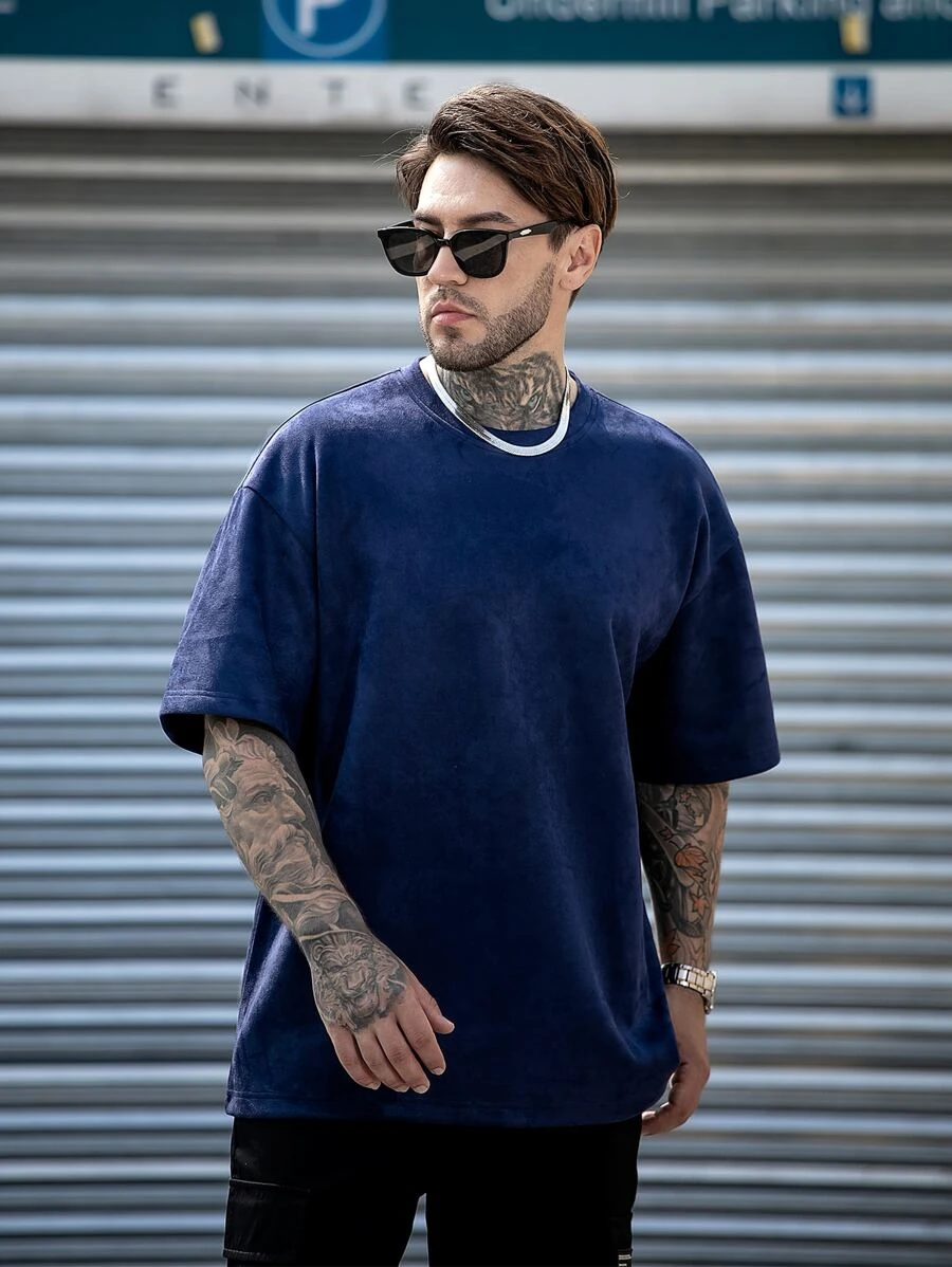 Men Solid Drop Shoulder Tee - Navy Blue - View 1