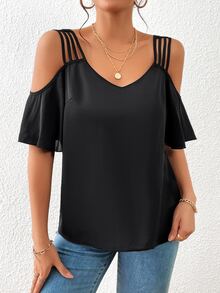 SHEIN Privé 挖肩鏤空襯衫 - 黑色 - 查看 5