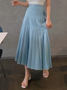 DAZY 高腰百褶下擺半身裙 - 藍色 - 查看 5