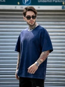 Men Solid Drop Shoulder Tee - Navy Blue - View 4