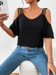 SHEIN Privé 挖肩鏤空襯衫 - 黑色 - 查看 1
