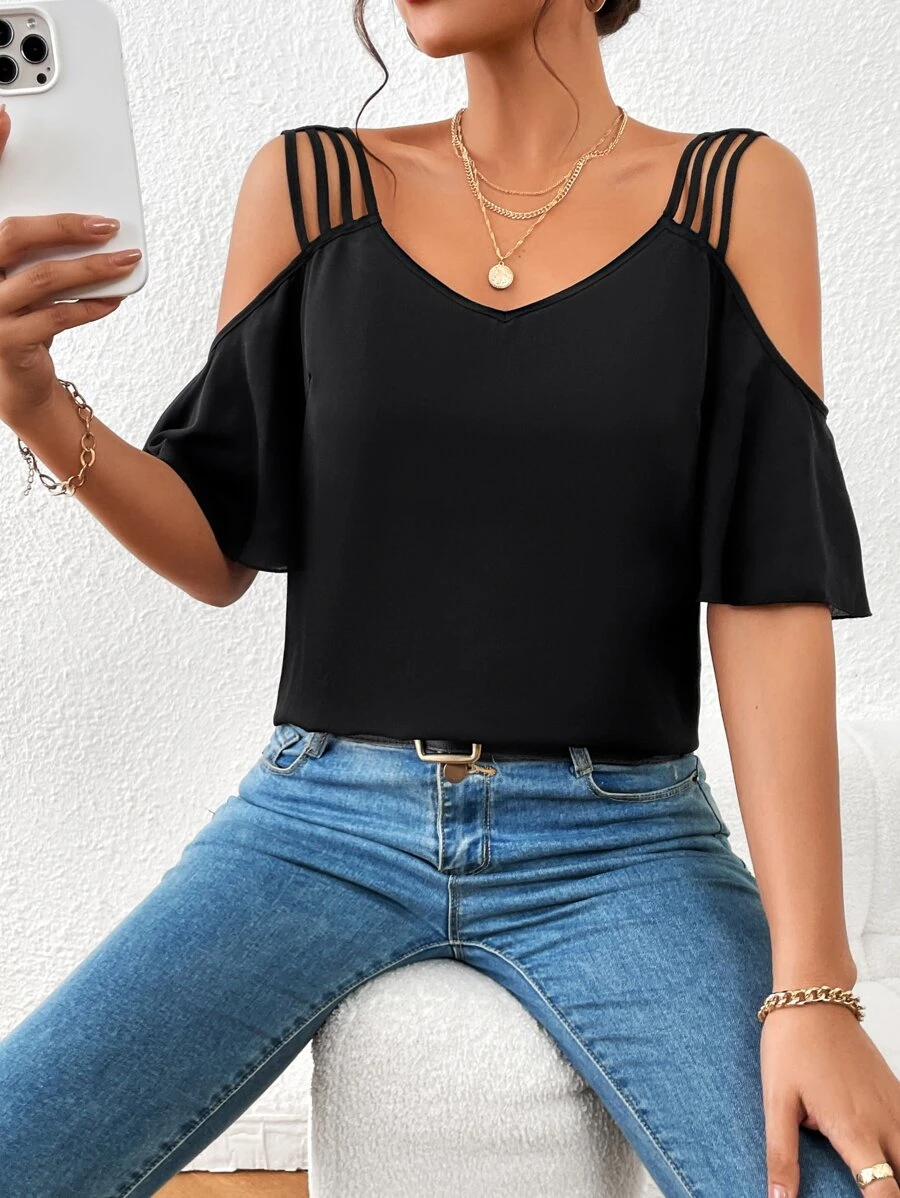 SHEIN Privé 挖肩鏤空襯衫 - 黑色 - 查看 1
