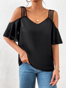 SHEIN Privé 挖肩鏤空襯衫 - 黑色 - 查看 6