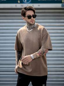 男士素色落肩T恤 - 咖啡棕 - 查看 1