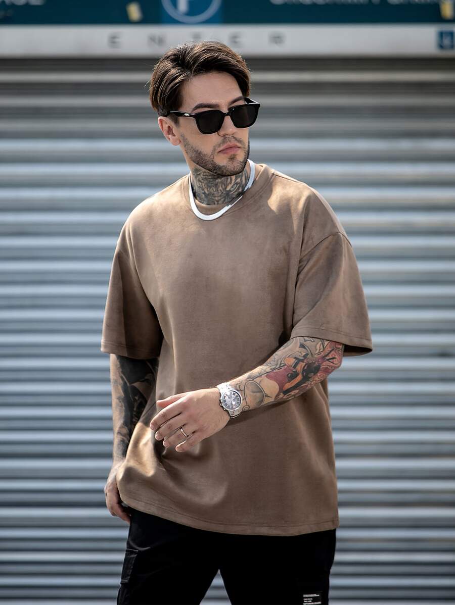 男士素色落肩T恤 - 咖啡棕 - 查看 1