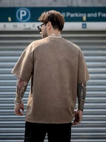 男士素色落肩T恤 - 咖啡棕 - 查看 2