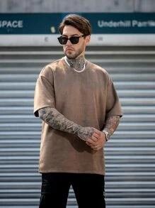 男士素色落肩T恤 - 咖啡棕 - 查看 3