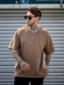 男士素色落肩T恤 - 咖啡棕 - 查看 4
