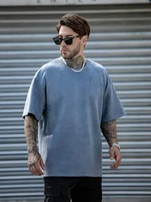 男士素色落肩T恤 - 霧霾藍 - 查看 1