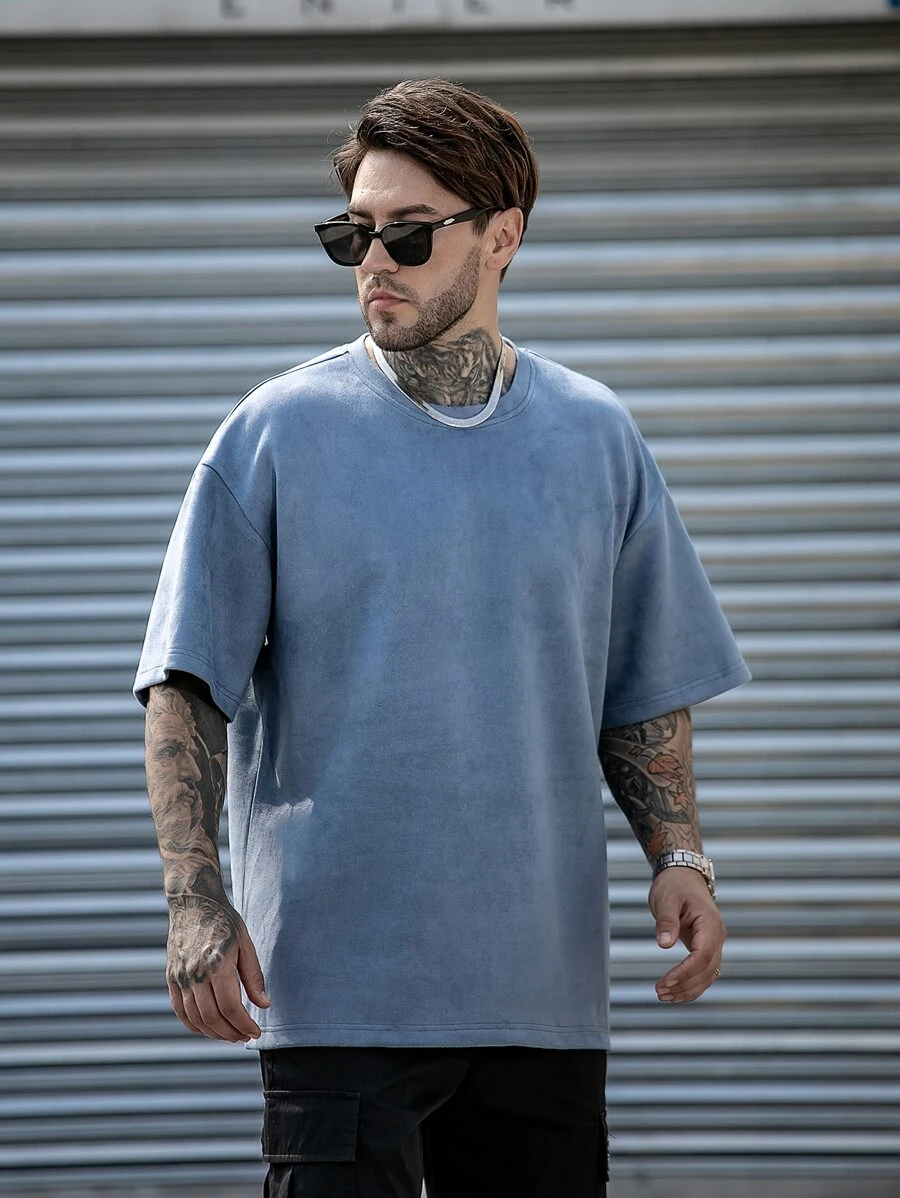 男士素色落肩T恤 - 霧霾藍 - 查看 1