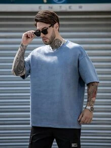 男士素色落肩T恤 - 霧霾藍 - 查看 3