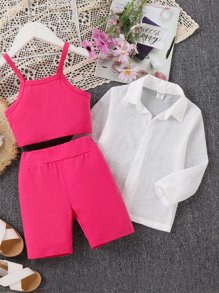 SHEIN 小女童素色吊帶上衣和騎行褲和前排扣襯衫