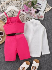 SHEIN 小女童素色吊帶上衣和騎行褲和前排扣襯衫