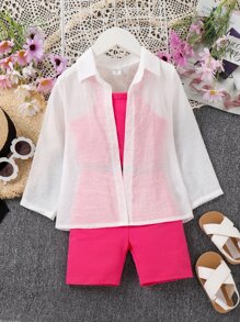 SHEIN 小女童素色吊帶上衣和騎行褲和前排扣襯衫