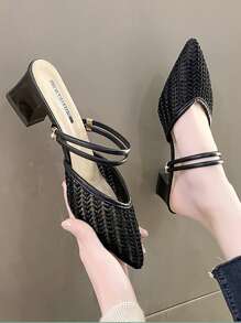 2025秋冬女士编织细节露跟鞋，网眼尖头粗跟优雅高跟鞋，优雅，穆勒鞋，优雅 - 黑色 - 查看 4