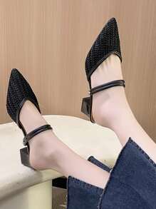 2025秋冬女士编织细节露跟鞋，网眼尖头粗跟优雅高跟鞋，优雅，穆勒鞋，优雅 - 黑色 - 查看 5