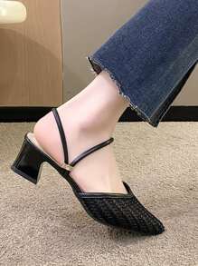 2025秋冬女士编织细节露跟鞋，网眼尖头粗跟优雅高跟鞋，优雅，穆勒鞋，优雅 - 黑色 - 查看 7