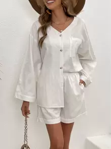 Drop Shoulder Pocket Patched Blouse & Shorts - White - View 1