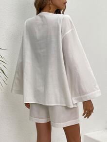 Drop Shoulder Pocket Patched Blouse & Shorts - White - View 2