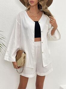 Drop Shoulder Pocket Patched Blouse & Shorts - White - View 3