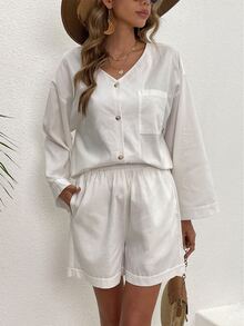Drop Shoulder Pocket Patched Blouse & Shorts - White - View 4