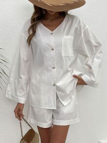 Drop Shoulder Pocket Patched Blouse & Shorts - White - View 6