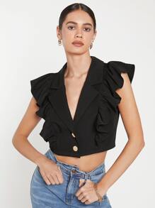 BizChic Sleeveless Ruffle Trim Crop Blazer - Black - View 6