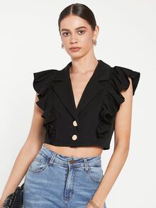 BizChic Sleeveless Ruffle Trim Crop Blazer - Black - View 8